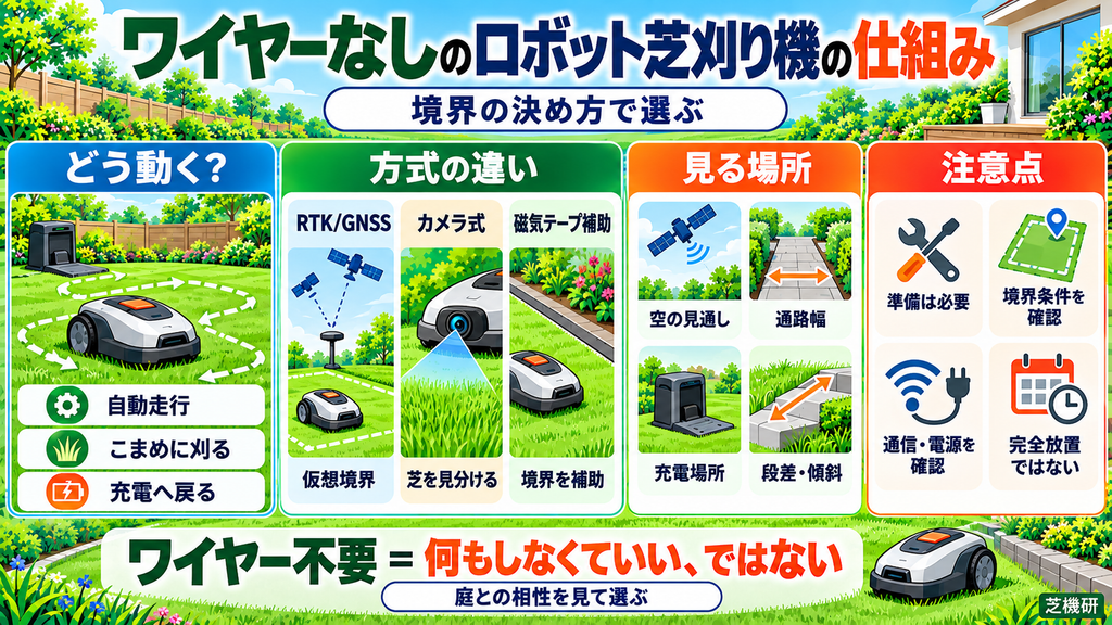 ワイヤーなしのロボット芝刈り機の仕組み