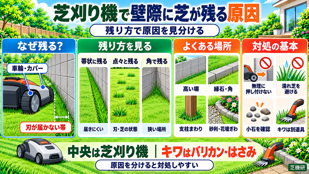芝刈り機で壁際に芝が残る原因