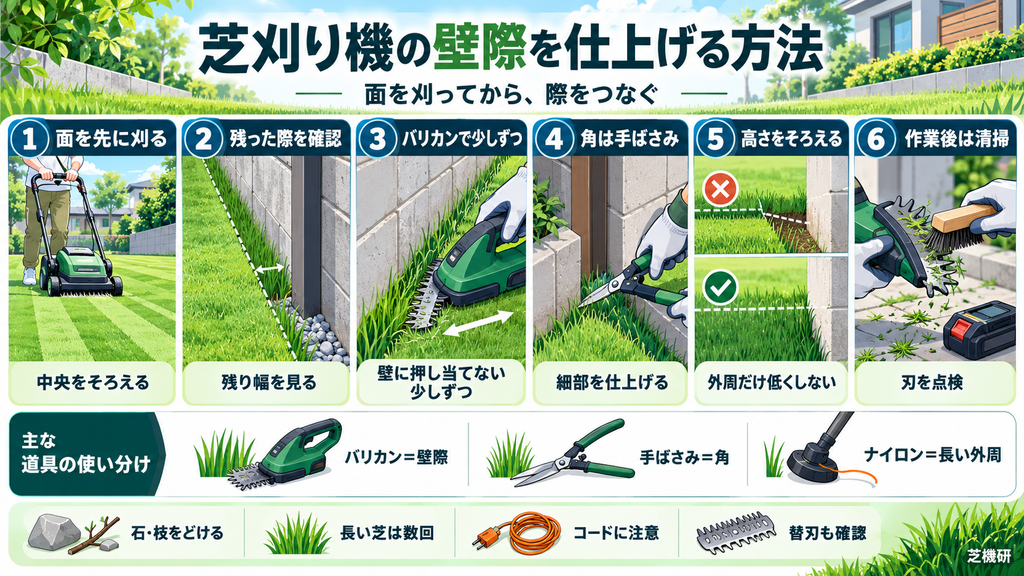 芝刈り機の壁際を仕上げる方法