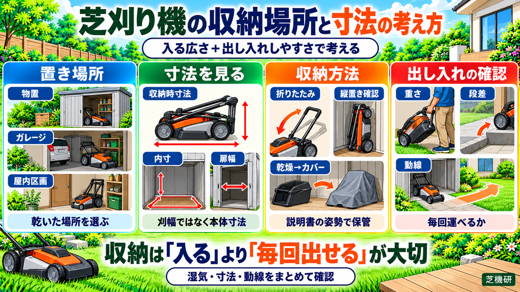 芝刈り機の収納場所と寸法の考え方