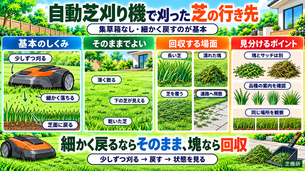 自動芝刈り機で刈った芝の行き先