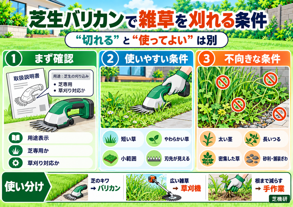 芝生バリカンで雑草を刈れる条件