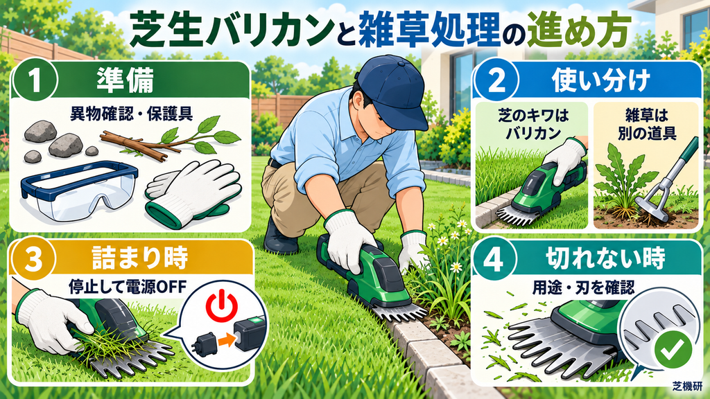 芝生バリカンと雑草処理の進め方
