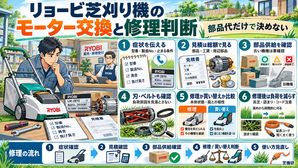 リョービ芝刈り機のモーター交換と修理判断